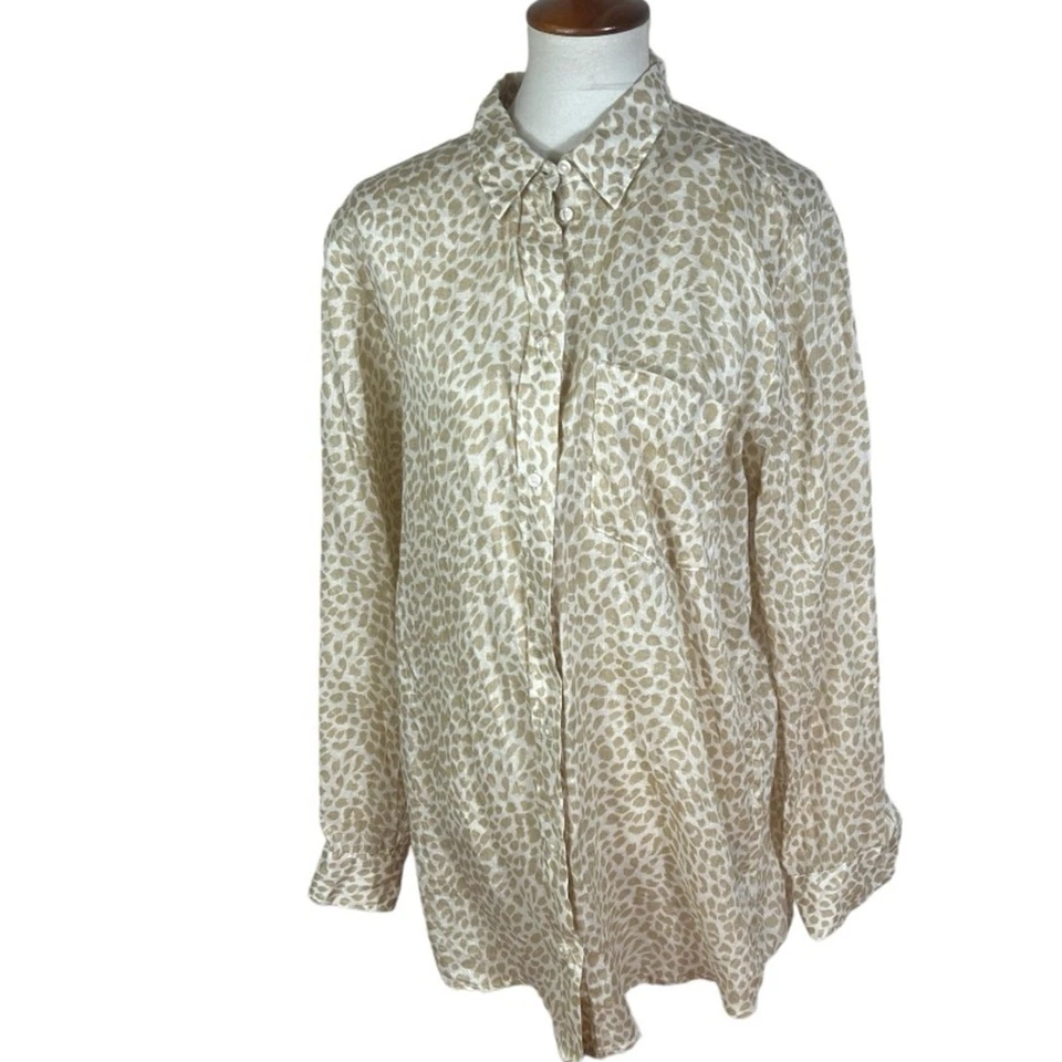 Gap 100% Linen Animal Print Boyfriend Button Down Longline / Tall Size L - Image 1 of 4