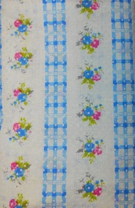 Vintage Fabric 60" x 33" Heavy Flocked Swiss Dot-Floral-Stripe Blue/Pink - Picture 1 of 1