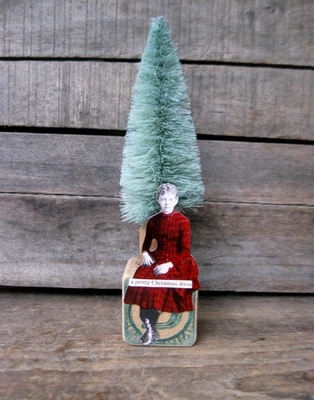 Antique Wood Alphabet ABC Block Bottle Brush Tree Paper Doll Girl in a Red Dress - Image 1 of 4