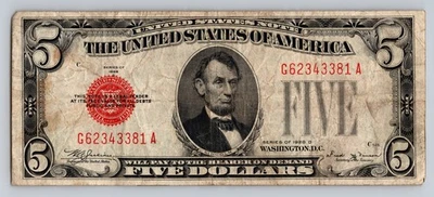 1928 5 dólares selo vermelho $5 nota série D EUA cinco notas papel moeda - Imagem 1 de 2