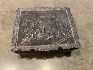 Vintage Silver Repousse Trinket Box Elephant And Village Made in Japan - Picture 1 of 12