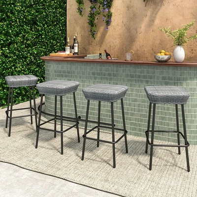 29.5 Inch Metal Bar Height Stools Set of 4 w/ Rattan Seat & Footrest for - Image 1 of 4