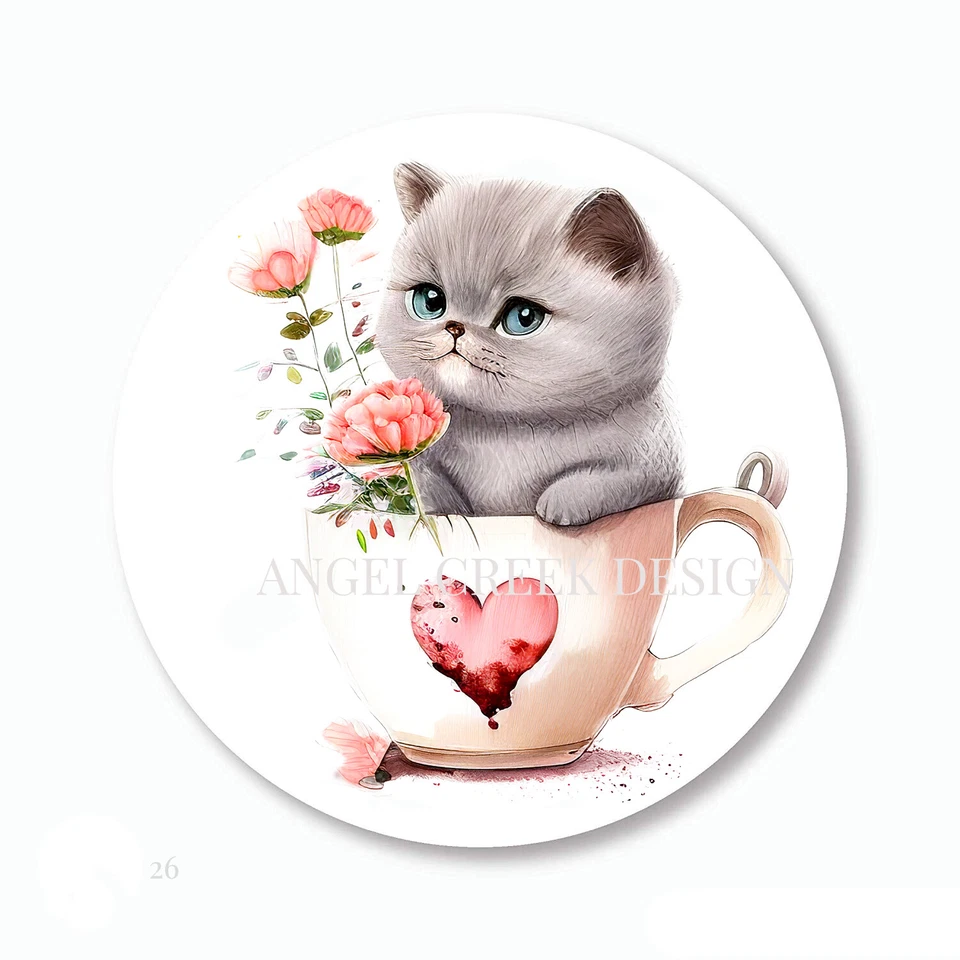 Bonito gatito gris esponjoso en taza de té favores álbum de recortes pegatinas sobre gato sellos Foto 1 de 1