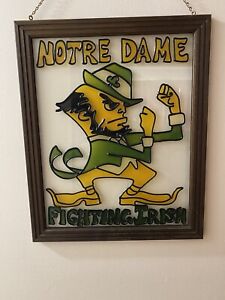 Notre Dame The Fighting Irish Leprechaun Stained Glass Framed 23 1/2” X 18 1/2”