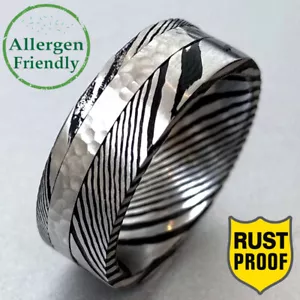 Customized Damascus Steel Ring Men Engagement Wedding Band Silver Hammered Inlay - Picture 1 of 7