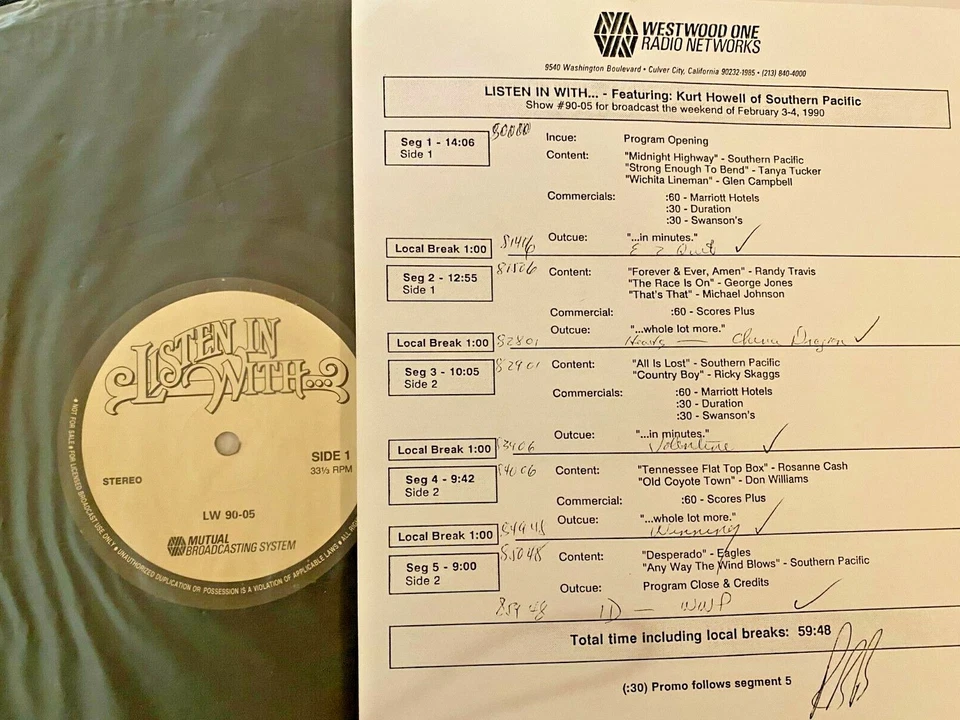 RADIO SHOW 2/3/90 LISTEN IN w/KURT HOWELL (SOUTHERN PACIFIC):EAGLES,ROSANNE CASH - Image 1 of 1