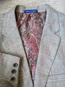 44R Pink Purple green Check Linen Blend 4-SEASON Tweed Sport Jacket Coat 2 vent - Picture 1 of 6
