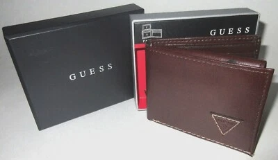 MENS GUESS PASSCASE BIFOLD ICONIC LOGO BROWN WALLET WITH ORIGINAL GIFT BOX - Image 1 of 4