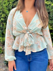 Boho Floral Deep V, Front Ribbon A-Line Top Blouse Size Small In Mint Beige