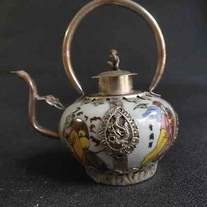 Rara tetera china porcelana tibetano-plata pintura hecha a mano ocho inmortales - Imagen 1 de 8