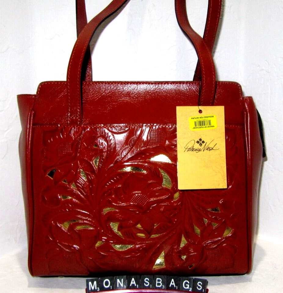 Patricia Nash Nietta Leather V-shaped Tooled Tote Tan