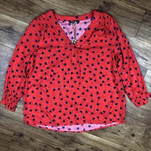 Christian Siriano Women Sz XL Red Blue Blouse Hearts Dots Shirt - Picture 1 of 9