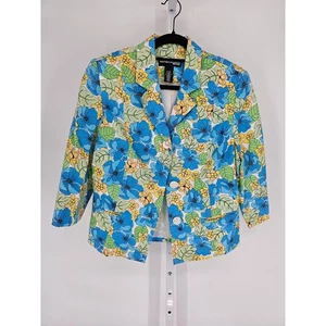 Norton Mcnaughton Womens Sz 14P Linen Blend Suit Blazer Yellow Blue Floral - Picture 1 of 4
