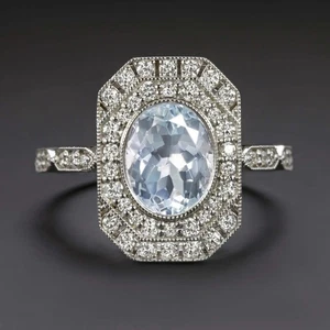 AQUAMARINE DIAMOND COCKTAIL RING VINTAGE STYLE ART DECO HALO OVAL 14k WHITE GOLD - Picture 1 of 1