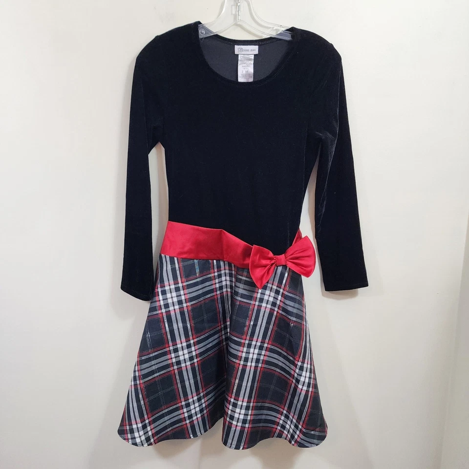 Bonnie Jean plaid sparkle with velvet top long sleeve holiday dress girl's sz 14 - Image 1 of 4