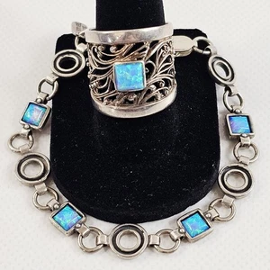 Didae Israel 925 Sterling breites Band filigran Opal Ring Größe 7,25 & Armband 7" Vintage - Bild 1 von 23