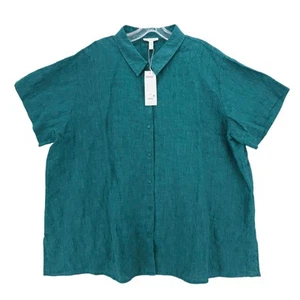 NWT EILEEN FISHER Washed Organic Linen Delave Short Sleeve Shirt Aeagen Teal 2X - Picture 1 of 7
