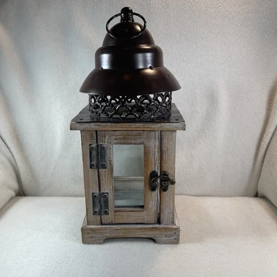 Rustic White Washed 12.5” Tall Wooden Lantern W/ Brown Metal Top Glass Panel Sid - Image 1 of 4