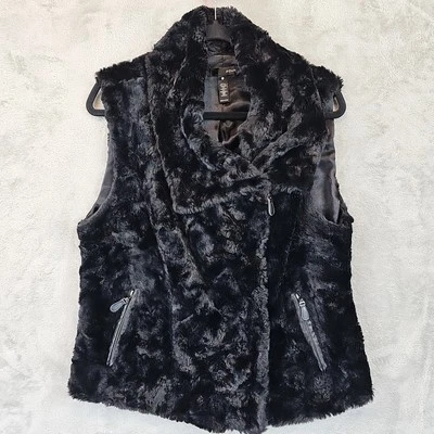 Aqua Faux Fur Vest Womens Size L Black Double Breasted Zip Shawl Collar Jacket - Image 1 of 4