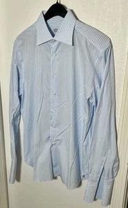 Stefano Ricci LUXURY Sky Blue Striped Cotton Dress Shirt French Cuffs Sz 16.5-35 - Picture 1 of 9