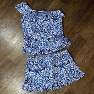 SWIMSUITS FOR ALL One Shoulder Tankini sz 22 Blue Batik Style Ruffle 2pc - Picture 1 of 12