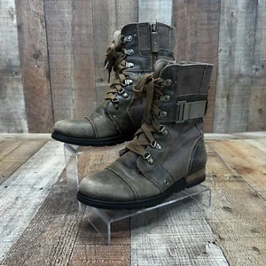 Sorel Major Carly Combat Brown Leather Lace Up Zip Side Buckle Boot Size 7 - Picture 1 of 9