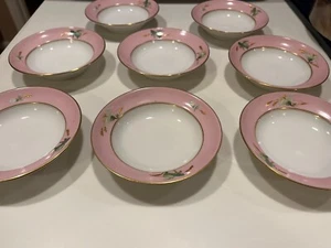 GORGEOUS PINK RIM/GOLD WHITE INNER DESSERT DISHES LIMOGES? 4.5" D LOT OF 8 - Picture 1 of 5