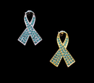 CRYSTAL TEAL RIBBON BOW OVARIAN CANCER AWARENESS BROOCH PIN SILVER GOLD TONE - Picture 1 of 7