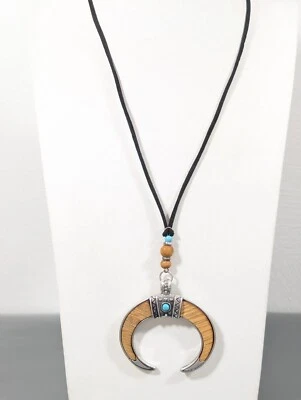 Western Boho Wood Faux Turquoise Horn Pendant Cord necklace Squash Blossom 21 in - Image 1 of 4