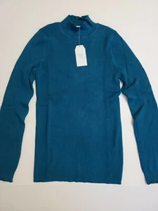 Womens Time And Tru Lettuce Rib T-Neck Sweater Teal - Picture 1 of 5