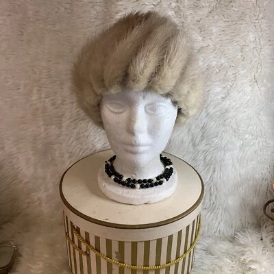 Vintage Natural Mink Tail Fur Round Pill Box Toque Cocktail Cossack Winter Hat  - Image 1 of 4