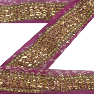 Sanskriti Vintage Sari Borde Cuentas a Mano Bandhani 1 Yarda Borde Costura Púrpura Encaje Foto 1 de 4