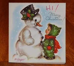Vintage UNUSED Christmas Card SMALL CHILD & SNOWMAN Marjorie COOPER Rust Craft - Picture 1 of 4