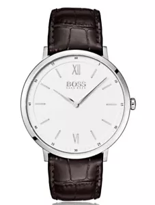 BOSS STAINLESS-STEEL WHITE-DIAL WATCH WITH EMBOSSED LEATHER STRAP - Picture 1 of 6