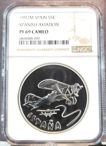 1997 SPAIN SILVER 5 EURO SPANISH AVIATION NGC PF 69 CAMEO SCARCE TOP POP - Picture 1 of 3