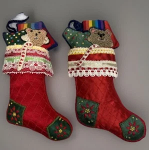 2 Vtg 1983 Hallmark Christmas Ornament Plush Stocking Rainbow Teddy Candy Cane - Picture 1 of 8