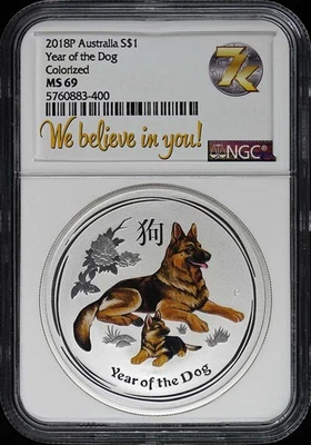 2018P Australia Year of the Dog Colorized S$1 NGC MS69 - Image 1 of 2