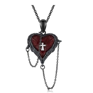 Gothic Crosses Heart Necklace With Wing Detail - Picture 1 of 8