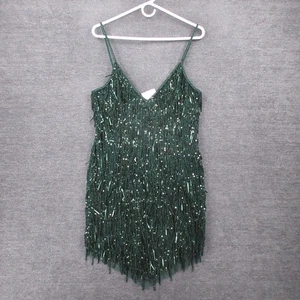 Liv Foster Dress Womens 10 Sequin & Beaded Fringe Mini Dress Dark Ivy Green - Picture 1 of 10