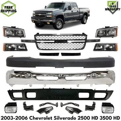 Front Bumper Chrome & Headlights Kit For 2003-2006 Chevy Silverado 2500 HD 3500 - Imagem 1 de 4
