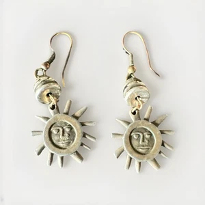 The Limited - Celestial Sun Earrings 2" Face Pewter Color Dangle Drop Earrings - Picture 1 of 7