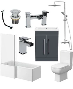 Complete Bathroom Suite LH L Shaped Bath Toilet Vanity Basin Taps Shower Grey - Picture 1 of 16