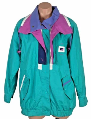 Chaqueta a Presión Completa Bloque de Color Verde Azulado Retro Visto Años 80 De Colección Abrigo M Esquí Nieve Foto 1 de 4
