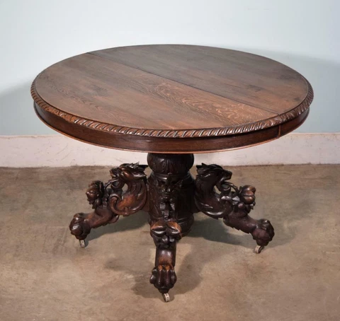 *French Antique Solid Oak Hunting/Black Forest Oval Table Expands to 7 Feet Cover