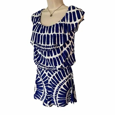 Trina Turk Azul Blanco Índigo Argel Mameluco Cubierta de Natación Fuera del Hombro Volantes M Foto 1 de 4