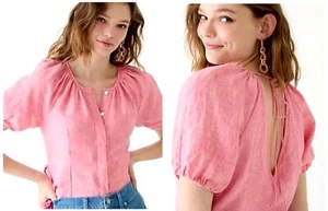 J Crew Shirt Women 0 Pink Linen V Back Short Puff Sleeve Top Preppy Lagenlook - Picture 1 of 14