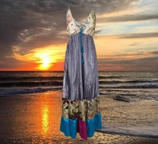 Womens Strap Sundress, Gray Beige Recycled Silk Dress, Spaghetti Strap, S/M