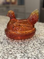 Vintage LE SMITH Glass Hen Chicken on Nest Covered Dish ~ Red FLAME Amberina