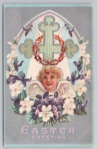 Angelic Easter Greeting White Lilies Silver Background and Cross c1910 Postcard - Picture 1 of 2