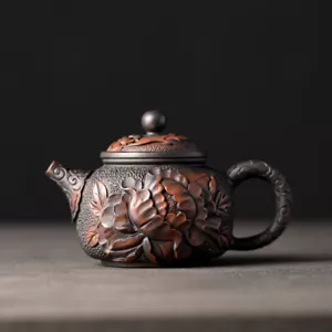 Handmade Carve Peony Flower Blossom Embossed Purple Pottery Tea Pot Marked 6.8oz - Picture 1 of 10